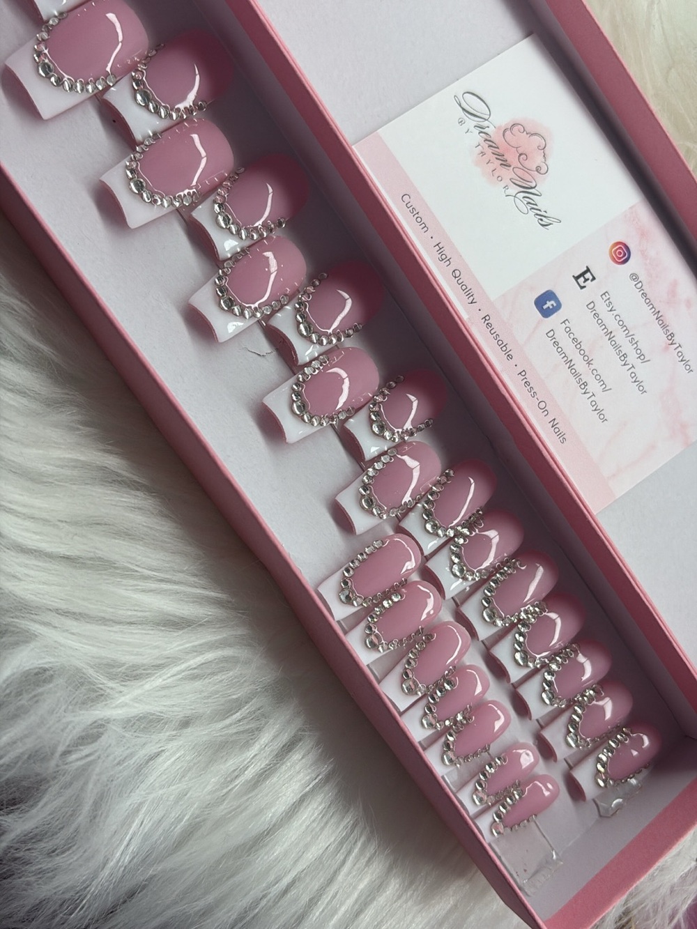 Pink Press-On Nail Set with Rhinestone French: 24 Piece Set